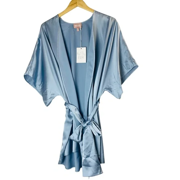 SHOW ME YOUR MUMU First Look Robe in Steel Blue Luxe satin Size Small - NWT - Picture 2 of 7